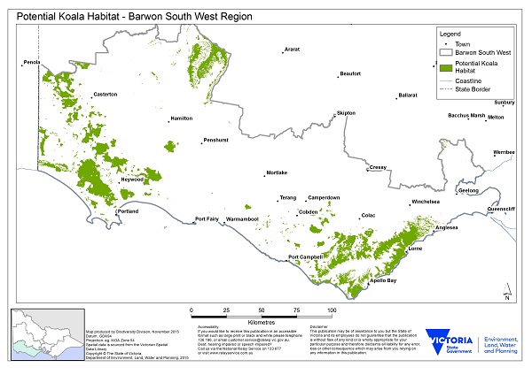 Map showing potential habitat for koalas in the Barwon south west region. Large areas near Heywood and Portland extending to the South Australian border. Large areas around Lorne and Apollo Bay. Another area north of Hamilton, west of Ararat.